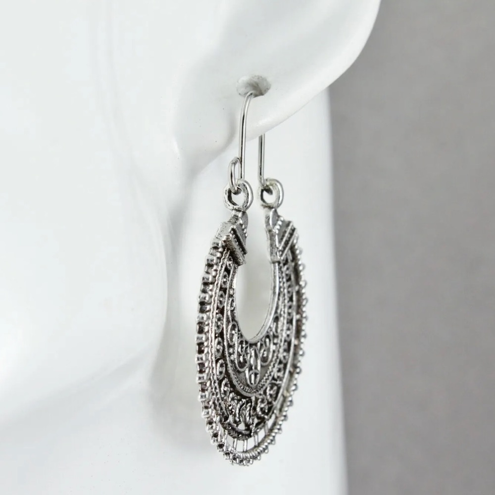 New Wildflower Wander Mandala Antique Sterling Silver Hollow Out Hoop Earrings - Picture 11 of 16